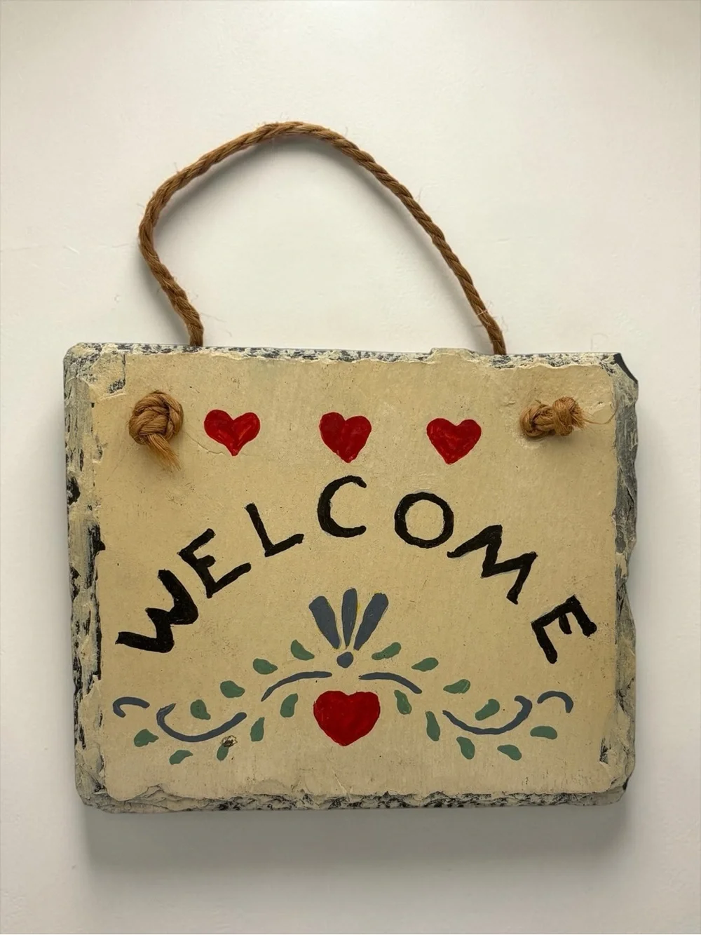 Vintage 80s-90s Hand Painted Slate Welcome Sign w/ Hearts Folk Art Ready To Hang